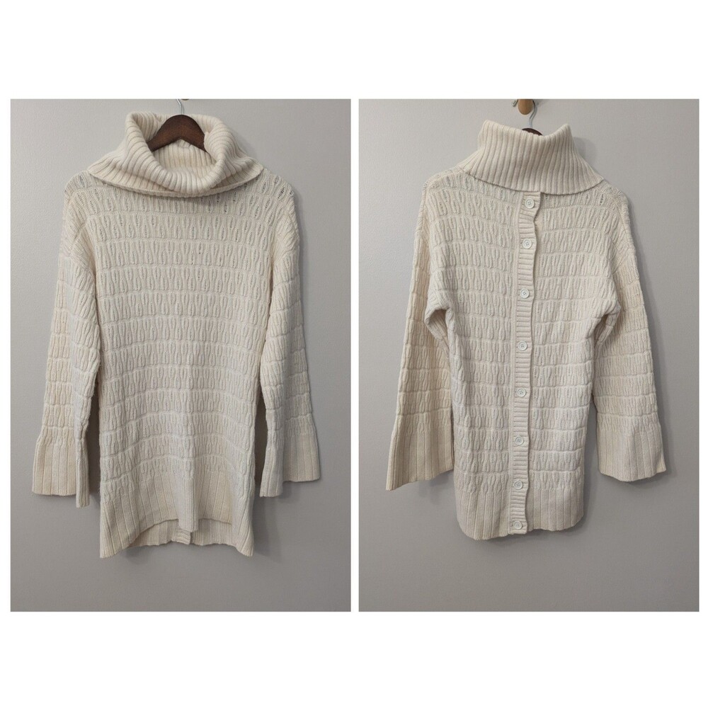 Lacoste Turtleneck Tunic Sweater Cream Wool Cashmere Fisherman Button Back M
